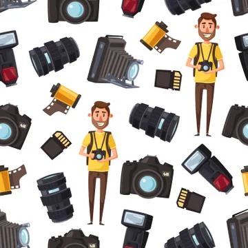 Photographer camera equipment seamless pattern Illustrazione stock