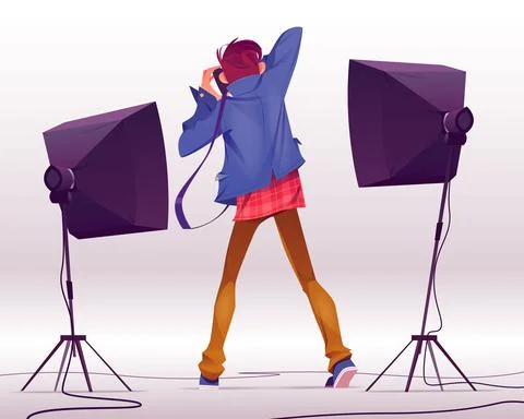 Photographer with camera take shots in studio Stock Illustration