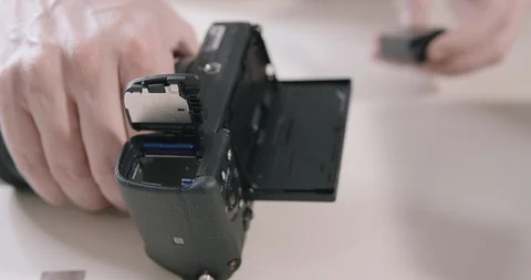 The photographer changes the battery in the camera Видео 123983074