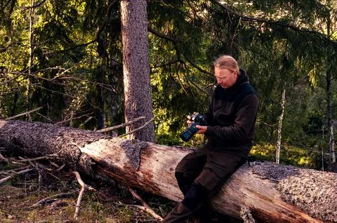Photographer Checking Camera in Forest Stock Photos