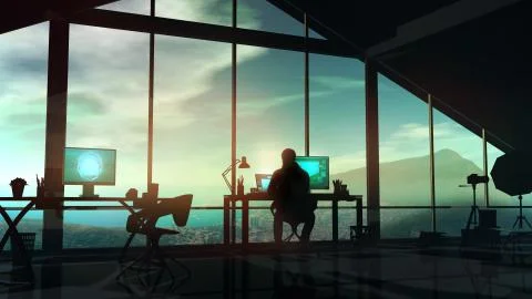 Photographer at the computer in his studio with panoramic windows. Stock Illustration
