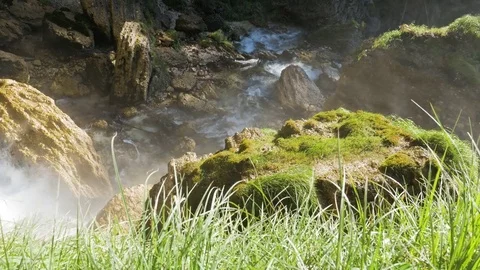 Photographer crossing stream in forest Stock Footage 71567744