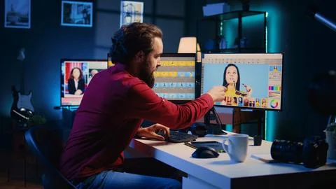 Photographer filming tutorial on how to use photo editing software, teaching how Stock Photos