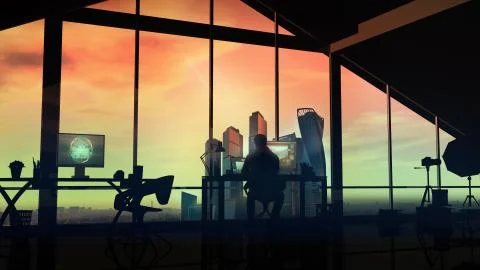 A photographer in his studio with large windows on a sunset background. イラスト素材