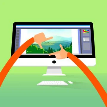 Photographer New 5k Display Computer Monitor Workspace, Hands over Screen Illustrazione stock