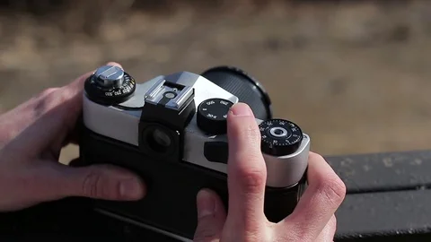 Photographer Pressing Shutter Button in Retro Phot. Stock Footage 73794360