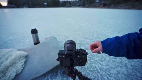 Photographer Setting Up A Tripod Camera At Snowy Landscape In Trondheim, Vídeo Stock 155259011
