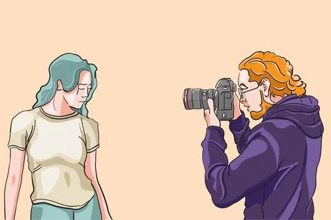 Photographer shooting model, model posing for photoshoot, magazine photograph Stock Illustration