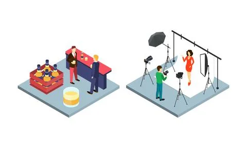 Photographer Shooting Model in Studio with Camera and Male Friends at Bar Stock Illustration