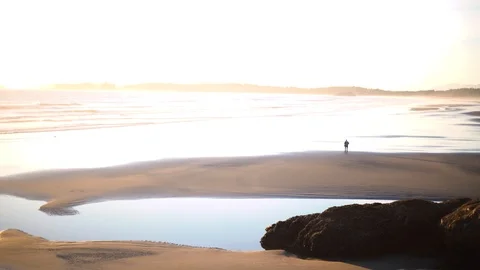 Photographer taking a picture with a tripod on the Pacific coast Stock Footage