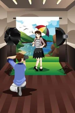 Photographer Taking Pictures of a Model in a Studio Stock Illustration