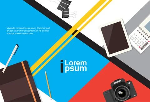 Photographer Workplace Top Angle View Camera Tablet Computer Banner With Copy Stock Illustration