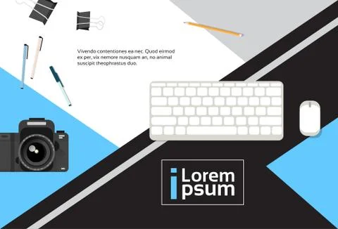 Photographer Workplace Top Angle View Camera Computer Keyboard Banner With Copy Stock Illustration