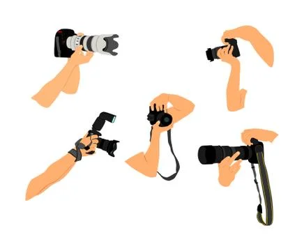 Photographers hands with camera vector. Paparazzi shooting event Stock Illustration