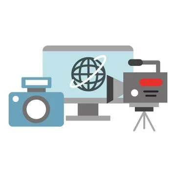 Photographic camera computer video recorder broadcast breaking news Illustrazione stock