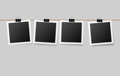 Photographs hanging on a string attached with office clips, cozy decorative Stock Illustration