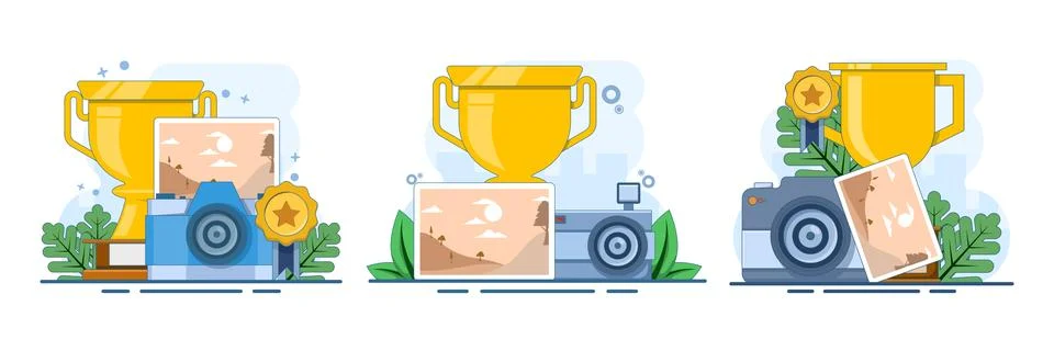 Photography competition set featuring a camera, landscape scene. Stock Illustration