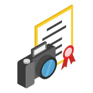 Photography concept icon isometric vector. Photo camera and document with seal Stock Illustration