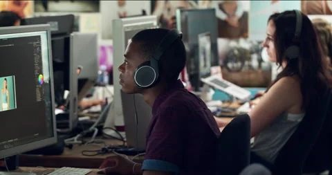 Photography design, editor software or black man on computer working with Stock Footage 233357325