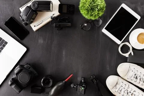 Photography device on table top view Stock Photos