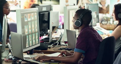 Photography editing scroll, computer app of black man working with headphones in Stock Footage 241082554