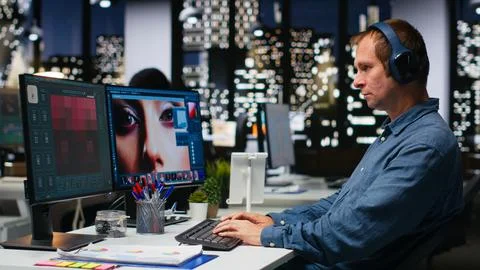 Photography editor using AI chatbot turning text prompt into photos Stock Photos