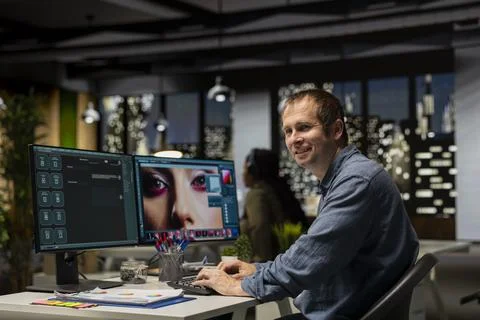 Photography editor using AI chatbot turning text prompt into photos Stock Photos