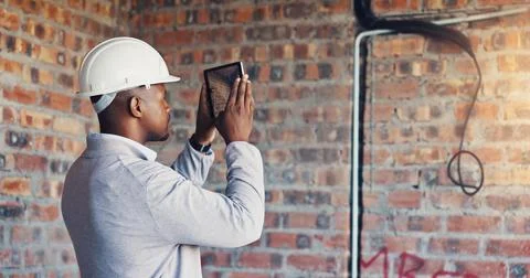 Photography, engineer and man with tablet in building, property inspection .. Stock Photos