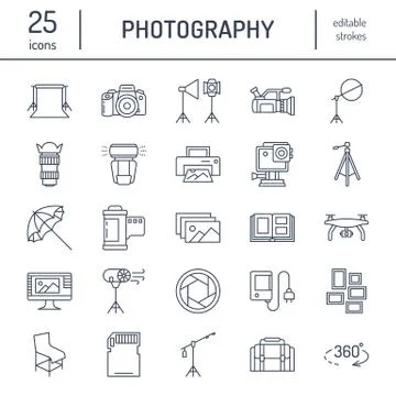 Photography equipment flat line icons. Digital camera, photos, lighting, video Stock Illustration