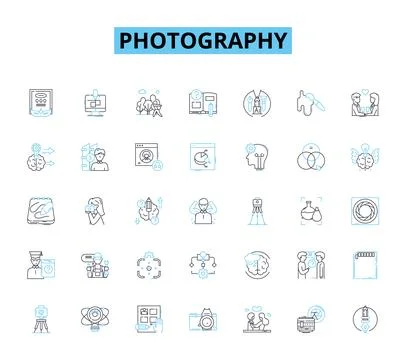 Photography linear icons set. Exposure, Aperture, Shutter, Focus, Composition Stock Illustration