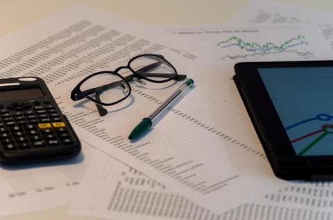 Photography of an office table with different objects. Stock Photos