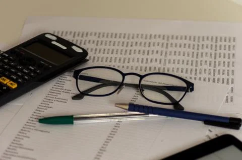 Photography of an office table with different objects. Stock Photos
