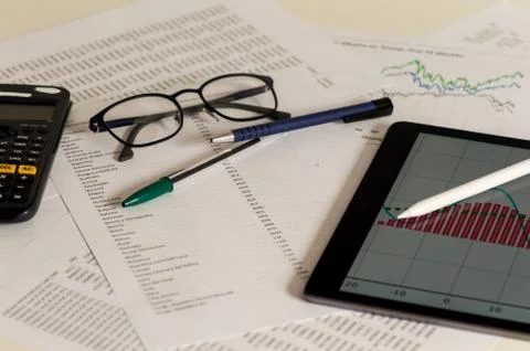 Photography of an office table with different objects. Stock Photos
