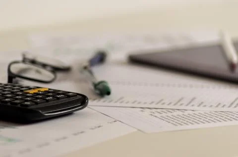 Photography of an office table with different objects. Stock Photos