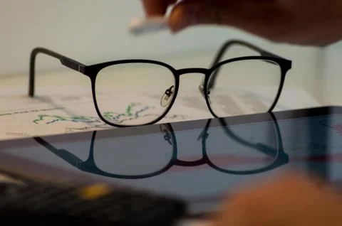 Photography of an office table with different objects. Stock Photos