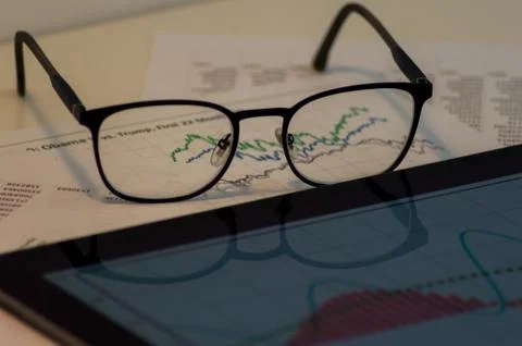 Photography of an office table with different objects. Stock Photos