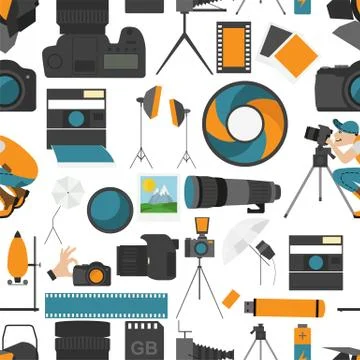Photography seamless pattern with photo, camera equipment. Stock Illustration