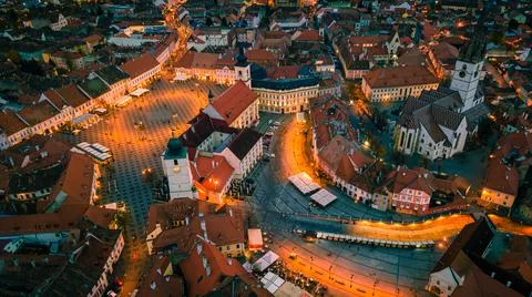 Photography of Sibiu city center from above at sunset Stock Photos
