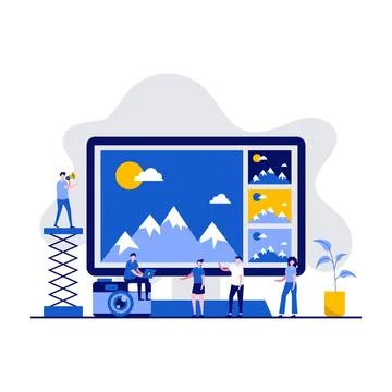 Photography software and editing application concept with characters. Photo.. Stock Illustration