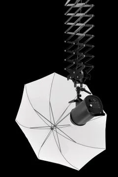 Photography studio flash on ceiling pantograph with umbrella isolated on blac Illustrazione stock