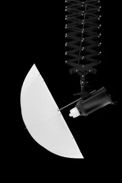 Photography studio flash on ceiling pantograph with umbrella isolated on blac Stock Illustration