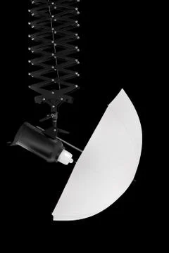 Photography studio flash on ceiling pantograph with umbrella isolated on blac Stock Illustration
