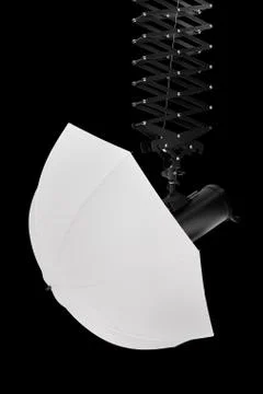 Photography studio flash on ceiling pantograph with umbrella isolated on blac Stock Illustration