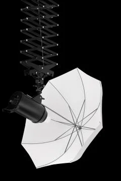 Photography studio flash on ceiling pantograph with umbrella isolated on blac Stock Illustration