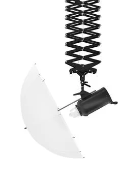 Photography studio flash on ceiling pantograph with umbrella isolated on whit 스톡 일러스트