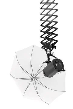 Photography studio flash on ceiling pantograph with umbrella isolated on whit Illustrazione stock