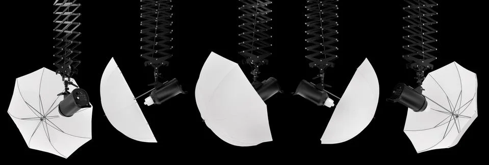 Photography studio flash on ceiling pantograph with umbrella isolated on black. Stock Illustration