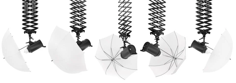 Photography studio flash on ceiling pantograph with umbrella isolated on white. Stock Illustration