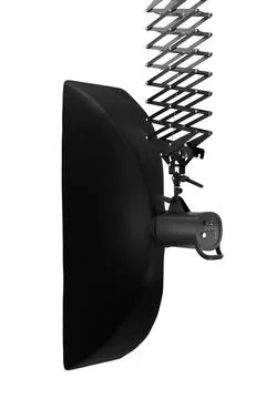 Photography studio flash on ceiling pantograph with sofbox isolated on white. Foto stock