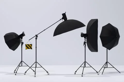 Photography studio flash on a lighting stand on white background Stock Illustration
